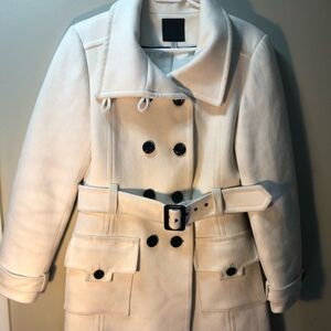 White Double Breasted Belted Wide Collar Coat